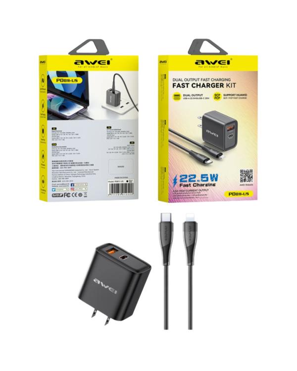 AWEI PD81i CARGADOR IPHONE USB/C CON CABLE C/LIGHTNING 22.5W